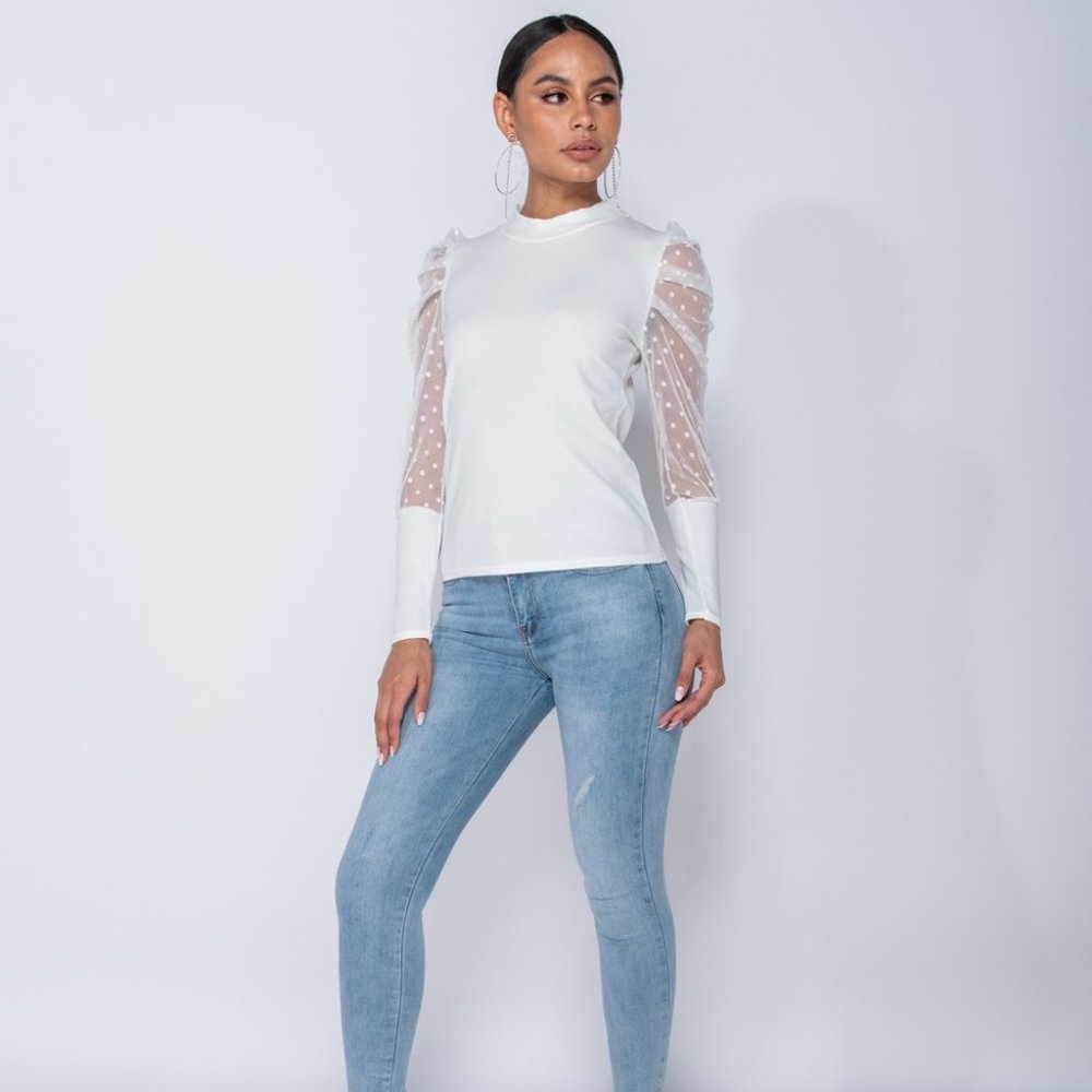 Cassie Blush Pink Polka Dot Mesh Sleeve Blouse Top - Picture 6 of 11
